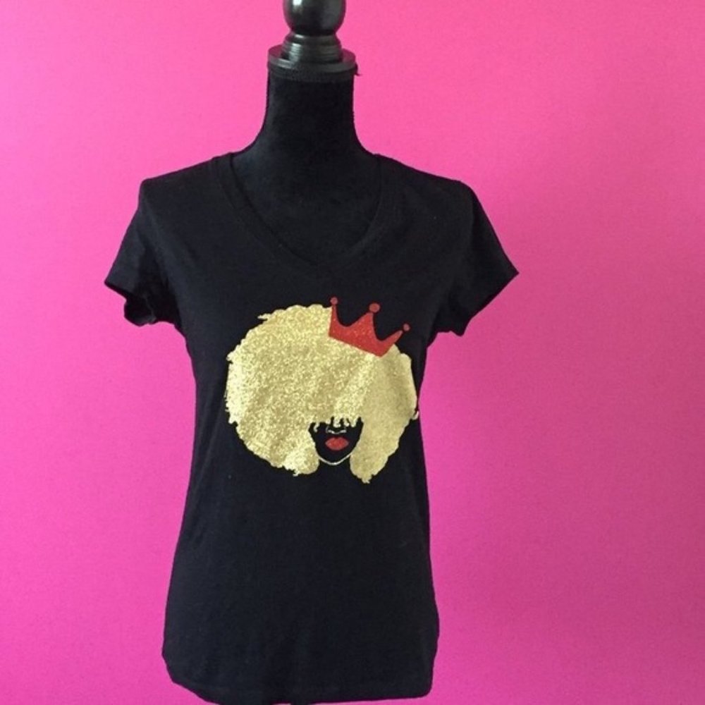 Natural Hair Afro with Crown Glitter Fitted Tee M
